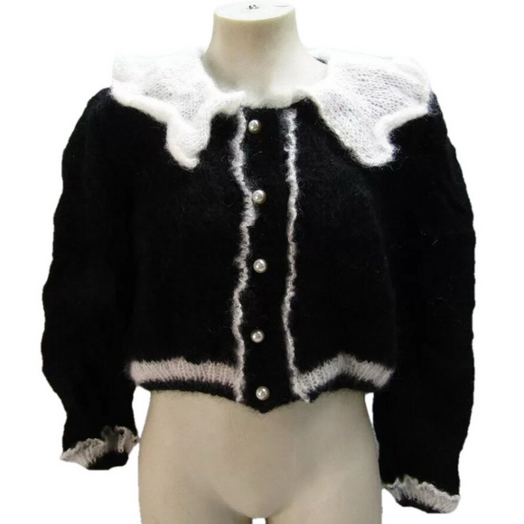 NEW MARIDRUNA Womens Kate Crop Mohair Hand knit Cardigan Size OS Black/Ivory - Picture 1 of 12